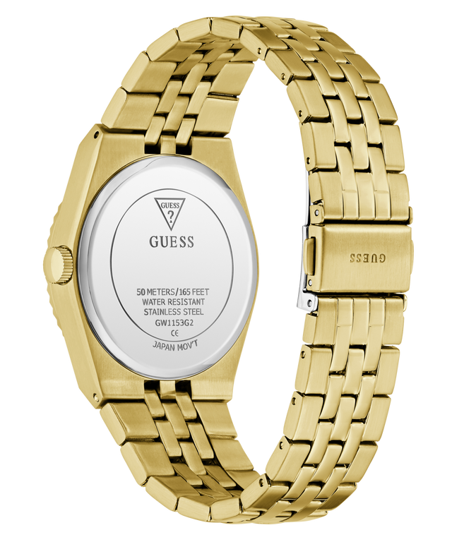 Gold-tone stainless steel watch with a metal link bracelet and a round silver-toned case back, shown on a white background. The brand GUESS is clearly visible on the back cover and engraved on the clasp.