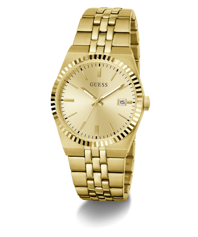 Gold-tone Guess wristwatch with a matching metal link bracelet, gold dial, fluted bezel, and a date window at 3 o'clock, shown on a clean white background.
