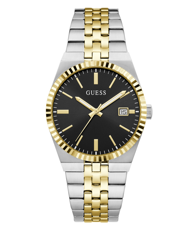 A GUESS men's analog watch with a two-tone silver and gold stainless steel bracelet, a gold fluted bezel, and a black dial with gold hands and markers.