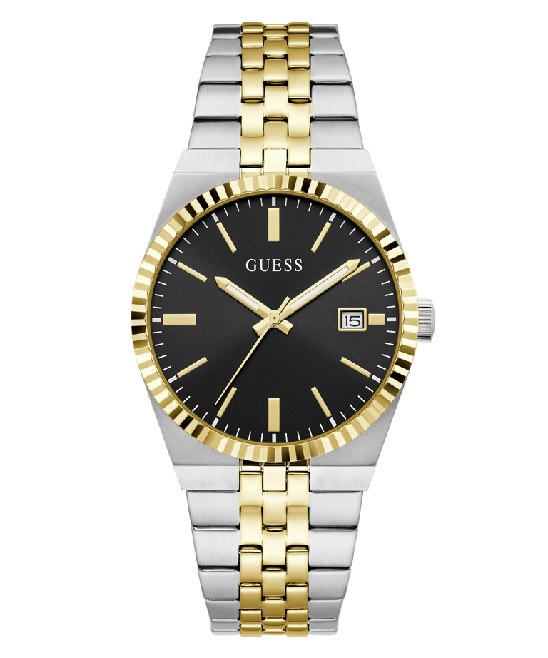 A GUESS men's analog watch with a two-tone silver and gold stainless steel bracelet, a gold fluted bezel, and a black dial with gold hands and markers.