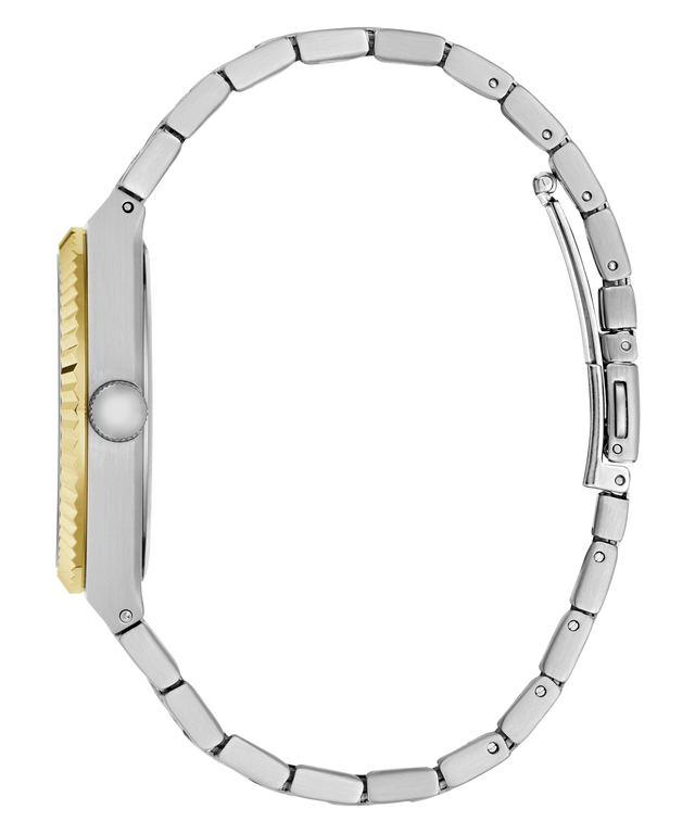 A silver-tone metal link bracelet watch shown from the side profile, featuring a yellow gold textured bezel and crown, set against a plain white background.