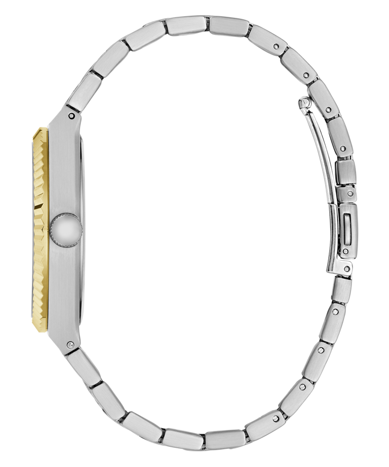 A silver-tone metal link bracelet watch shown from the side profile, featuring a yellow gold textured bezel and crown, set against a plain white background.