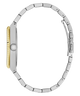 A silver-tone metal link bracelet watch shown from the side profile, featuring a yellow gold textured bezel and crown, set against a plain white background.