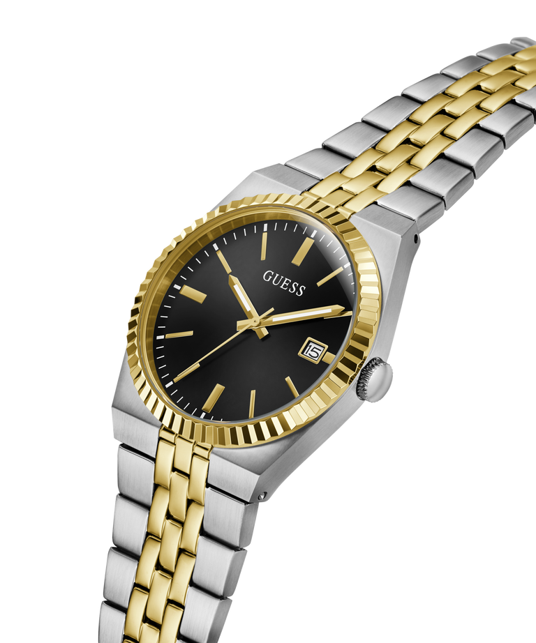 A GUESS men's two-tone watch with a black dial, gold-tone hands and markers, and a silver and gold-tone stainless steel link bracelet, shown on a clean white background. lifestyle