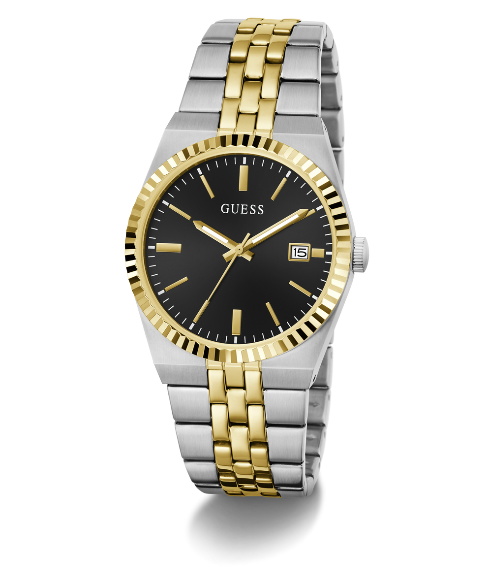A Guess men's analog watch with a two-tone silver and gold stainless steel bracelet, a fluted gold bezel, and a black dial with gold hands and a date window.