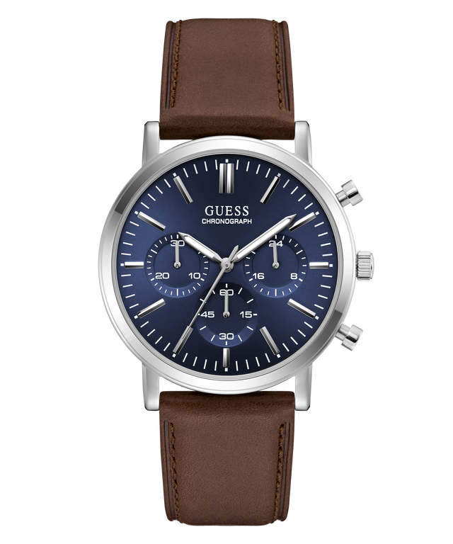 A Guess chronograph wristwatch with a dark blue dial, silver-tone stainless steel case, and a brown leather strap, shown against a plain white background.