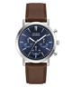 A Guess chronograph wristwatch with a dark blue dial, silver-tone stainless steel case, and a brown leather strap, shown against a plain white background.