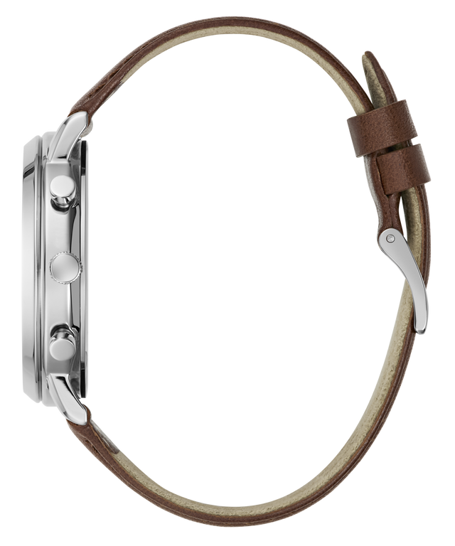 Side profile of a wristwatch with a silver-tone case, brown leather strap, and cream-colored inner lining on a white background.