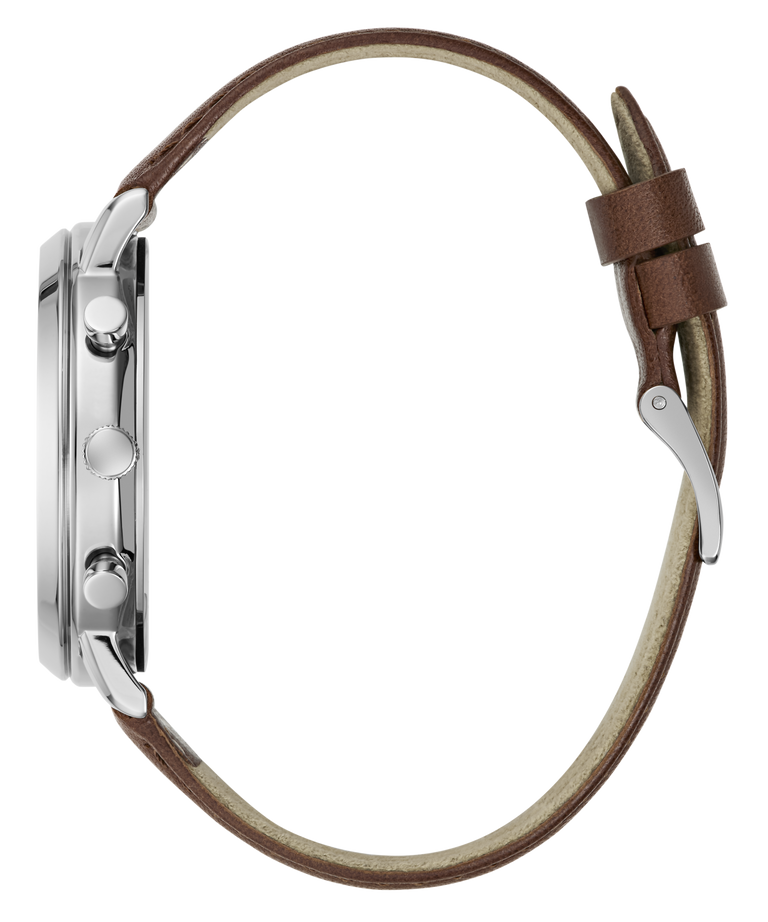 Side profile of a wristwatch with a silver-tone case, brown leather strap, and cream-colored inner lining on a white background.