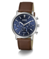 A Guess chronograph watch with a blue dial, silver-tone case, and a brown leather strap, shown on a clean white background.