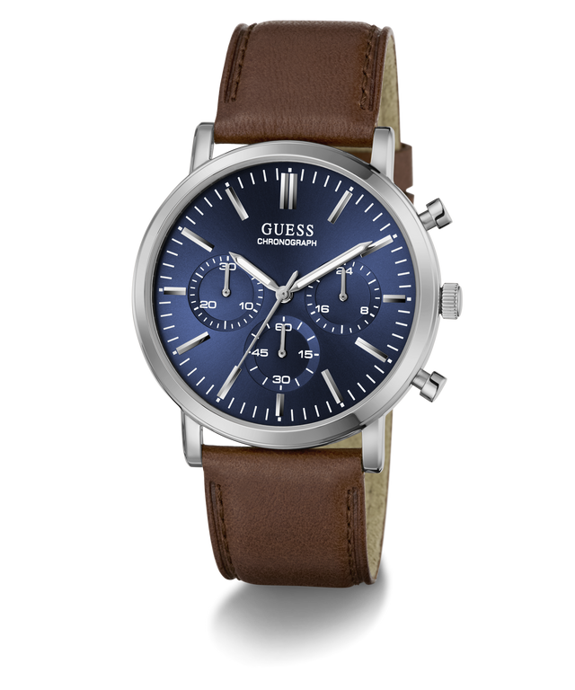 A Guess chronograph watch with a blue dial, silver-tone case, and a brown leather strap, shown on a clean white background.