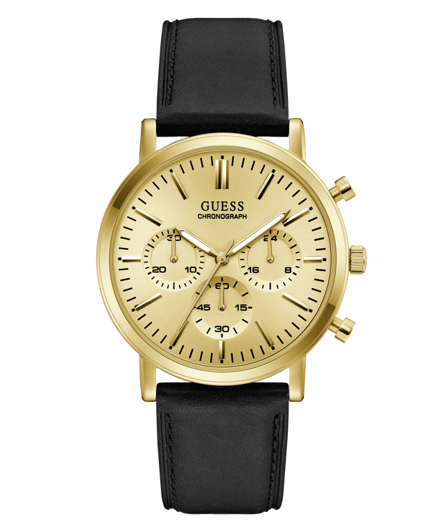 A Guess chronograph wristwatch with a gold-tone case, beige dial, and a black leather strap, shown against a plain white background.