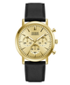 A Guess chronograph wristwatch with a gold-tone case, beige dial, and a black leather strap, shown against a plain white background.