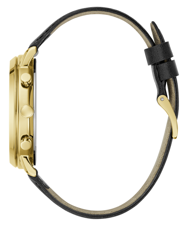 A side profile view of a gold-tone watch with a black leather strap on a solid white background.