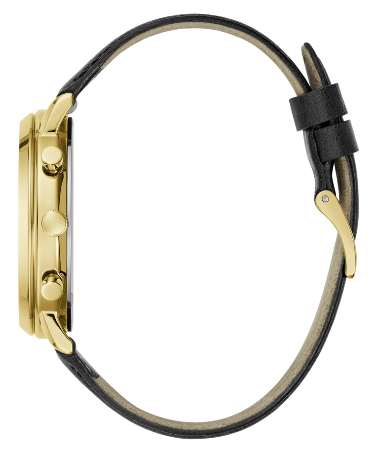 A side profile view of a gold-tone watch with a black leather strap on a solid white background.