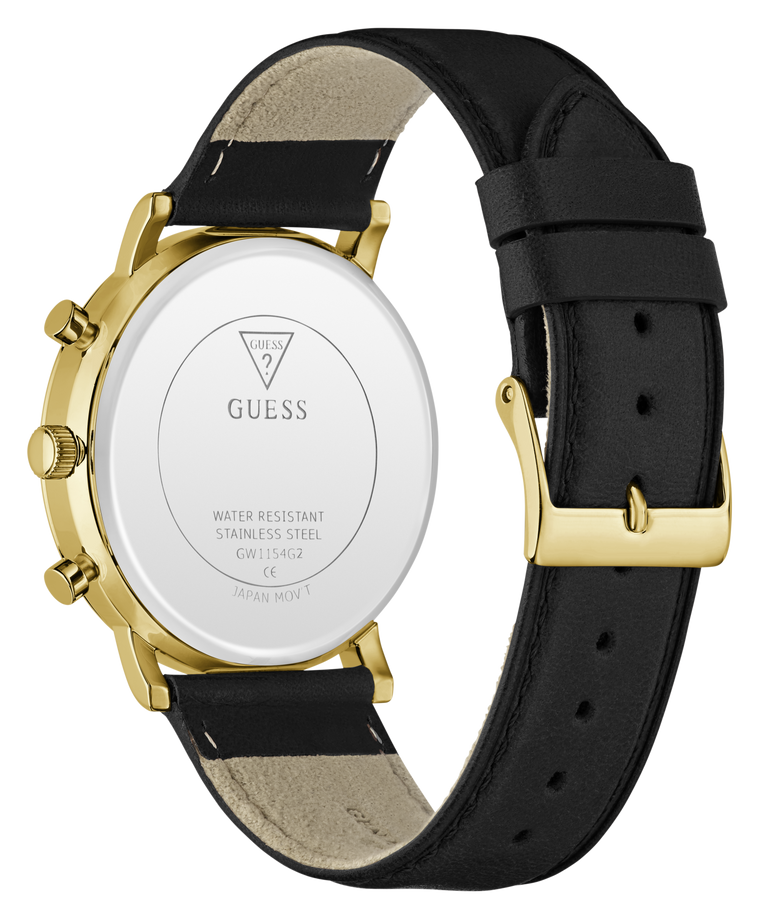 The back view of a GUESS wristwatch with a gold-tone case, black leather strap, and white back cover showing the brand logo and specifications.