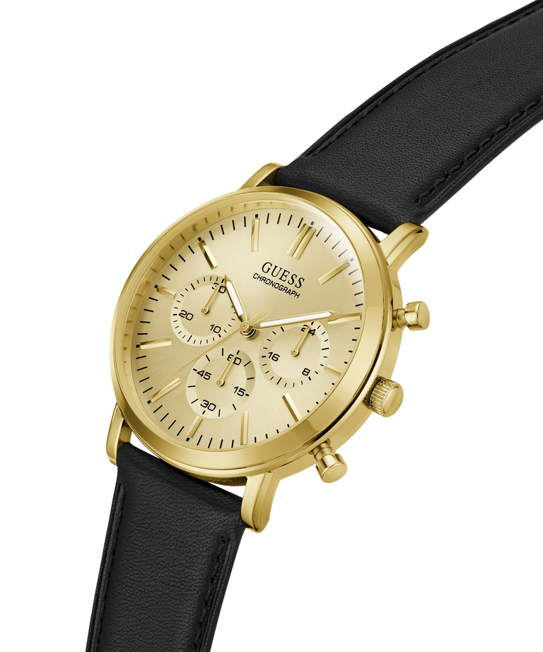 A gold-tone Guess chronograph watch with a black leather strap, shown on a clean white background. lifestyle