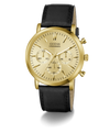 A Guess chronograph watch with a gold-tone case, gold dial, and a black leather strap, shown against a plain white background.