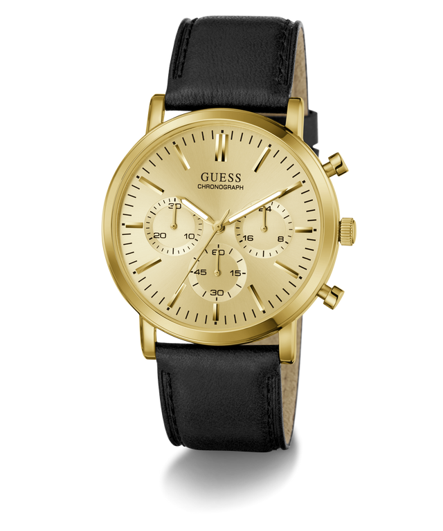 A Guess chronograph watch with a gold-tone case, gold dial, and a black leather strap, shown against a plain white background.