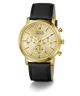 A Guess chronograph watch with a gold-tone case, gold dial, and a black leather strap, shown against a plain white background.