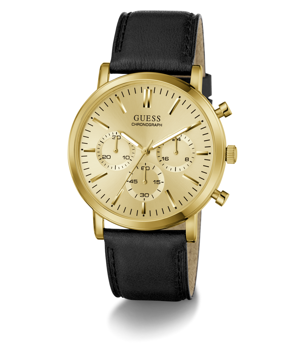 A Guess chronograph watch with a gold-tone case, gold dial, and a black leather strap, shown against a plain white background.