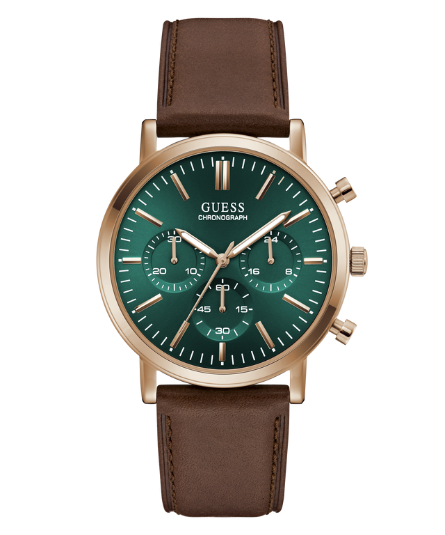 A Guess chronograph watch with a green dial, rose gold case, and a brown leather strap, shown against a plain white background.