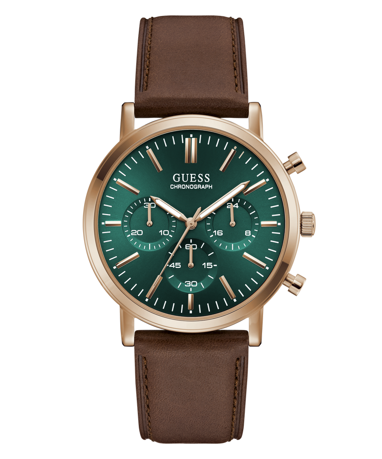 A Guess chronograph watch with a green dial, rose gold case, and a brown leather strap, shown against a plain white background.