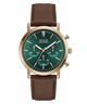 A Guess chronograph watch with a green dial, rose gold case, and a brown leather strap, shown against a plain white background.