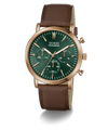 A Guess chronograph watch with a green dial, rose gold case, and a brown leather strap, shown on a clean white background.