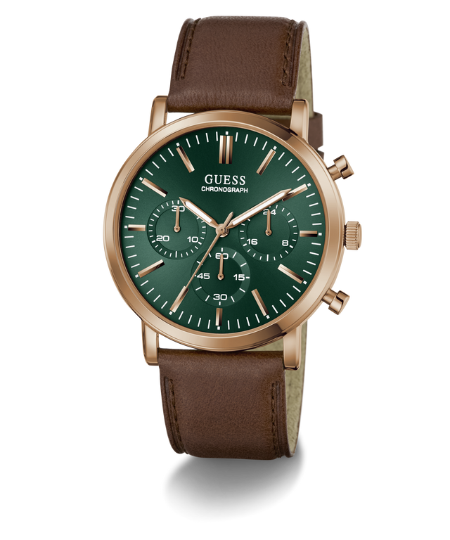 A Guess chronograph watch with a green dial, rose gold case, and a brown leather strap, shown on a clean white background.