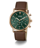 A Guess chronograph watch with a green dial, rose gold case, and a brown leather strap, shown on a clean white background.
