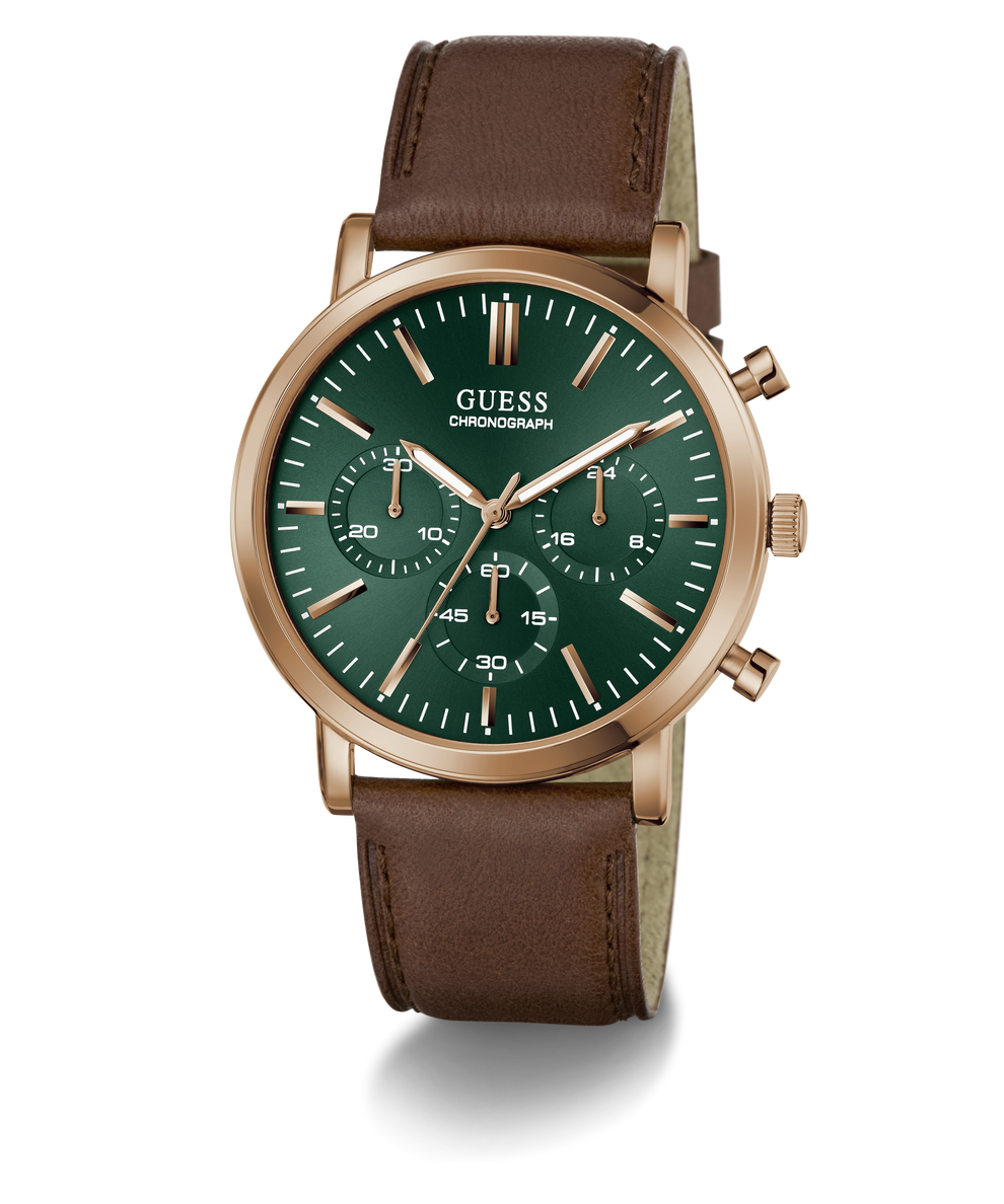A Guess chronograph watch with a green dial, rose gold case, and a brown leather strap, shown on a clean white background.
