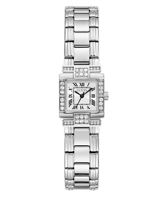 A GUESS women's analog watch with a silver-tone metal link bracelet, a square white dial with black Roman numerals, and a bezel accented with clear crystals, shown against a plain white background.