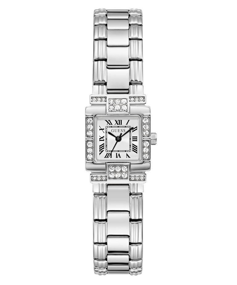 A GUESS women's analog watch with a silver-tone metal link bracelet, a square white dial with black Roman numerals, and a bezel accented with clear crystals, shown against a plain white background.