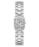 A GUESS women's analog watch with a silver-tone metal link bracelet, a square white dial with black Roman numerals, and a bezel accented with clear crystals, shown against a plain white background.