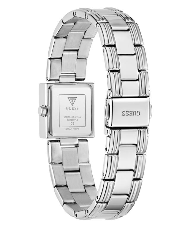 Silver stainless steel women's watch with a square case, shown from the back to display the brand logo and clasp on a white background.