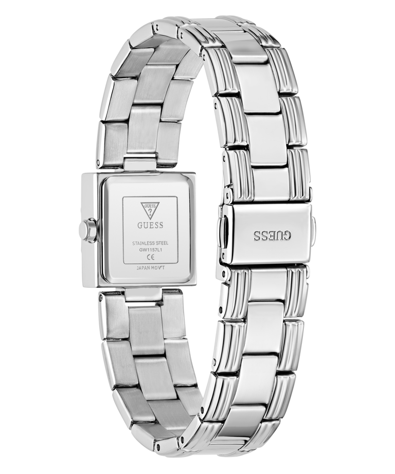 Silver stainless steel women's watch with a square case, shown from the back to display the brand logo and clasp on a white background.