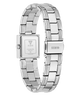 Silver stainless steel women's watch with a square case, shown from the back to display the brand logo and clasp on a white background.