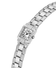 A silver-toned stainless steel women's watch with a rectangular bezel set with clear crystals, Roman numeral hour markers, and a matching metal link bracelet, shown on a plain white background. lifestyle
