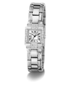 A GUESSS watch with a silver-toned metal link bracelet, a square silver dial with black Roman numerals, and diamond accents, shown on a clean white background.