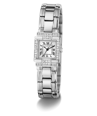 A GUESSS watch with a silver-toned metal link bracelet, a square silver dial with black Roman numerals, and diamond accents, shown on a clean white background.