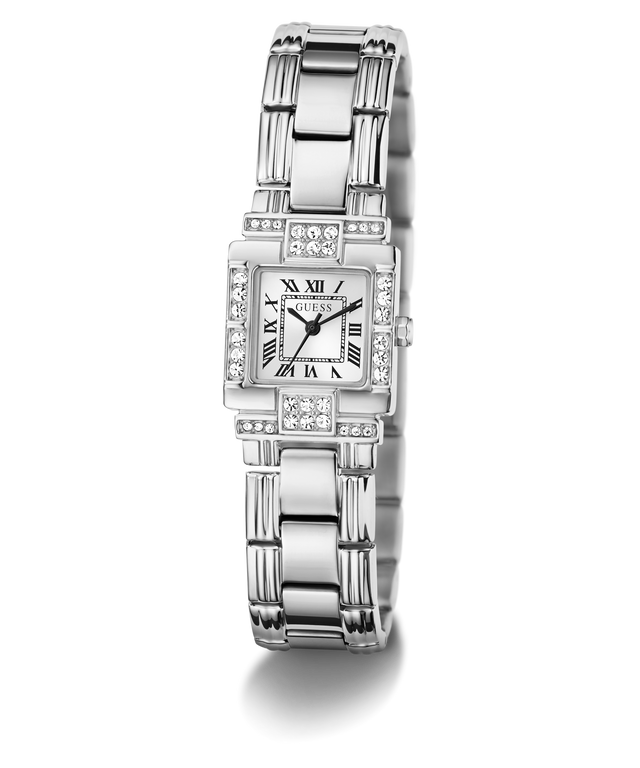 A GUESSS watch with a silver-toned metal link bracelet, a square silver dial with black Roman numerals, and diamond accents, shown on a clean white background.