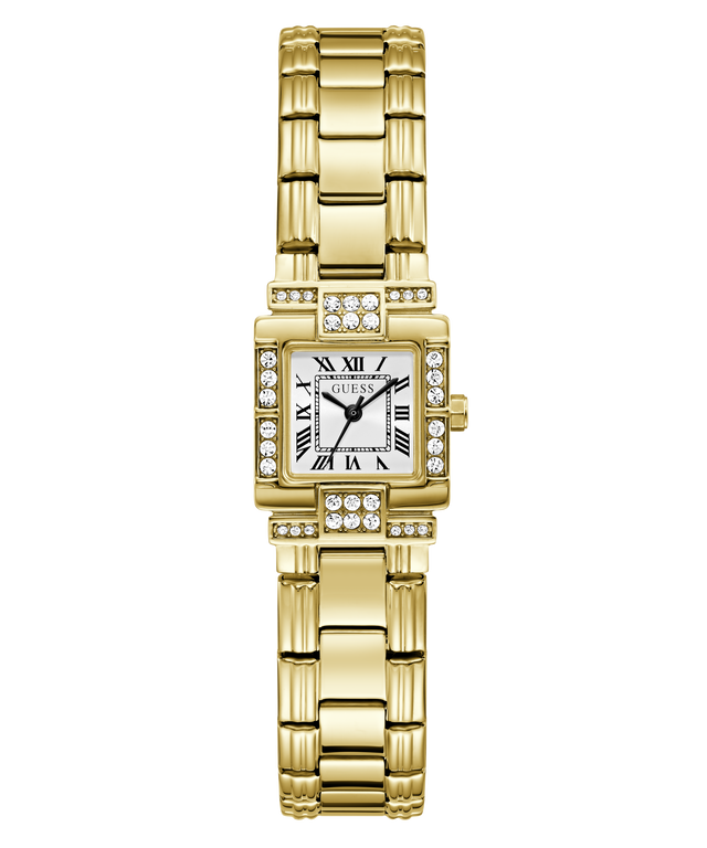 GUESS gold-tone stainless steel watch with a rectangular bezel, diamond accents, and a white dial with Roman numerals, shown on a plain white background.