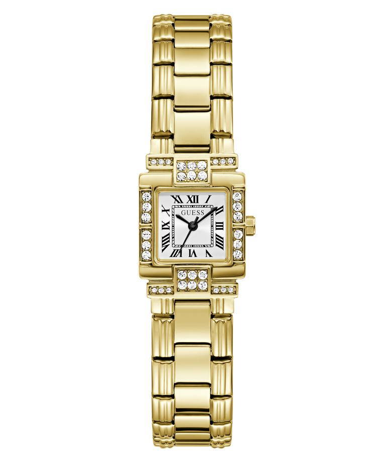 GUESS gold-tone stainless steel watch with a rectangular bezel, diamond accents, and a white dial with Roman numerals, shown on a plain white background.
