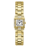 GUESS gold-tone stainless steel watch with a rectangular bezel, diamond accents, and a white dial with Roman numerals, shown on a plain white background.