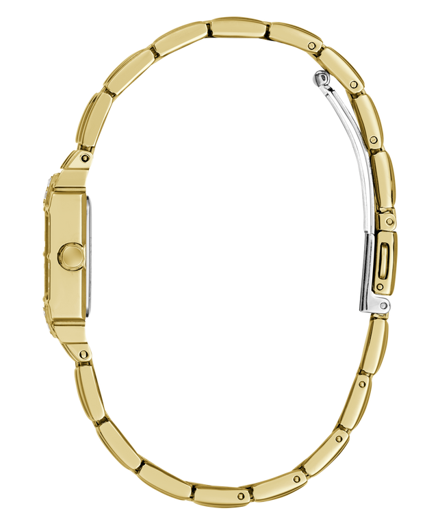 A gold-tone metal link bracelet watch shown from the side profile against a solid white background.
