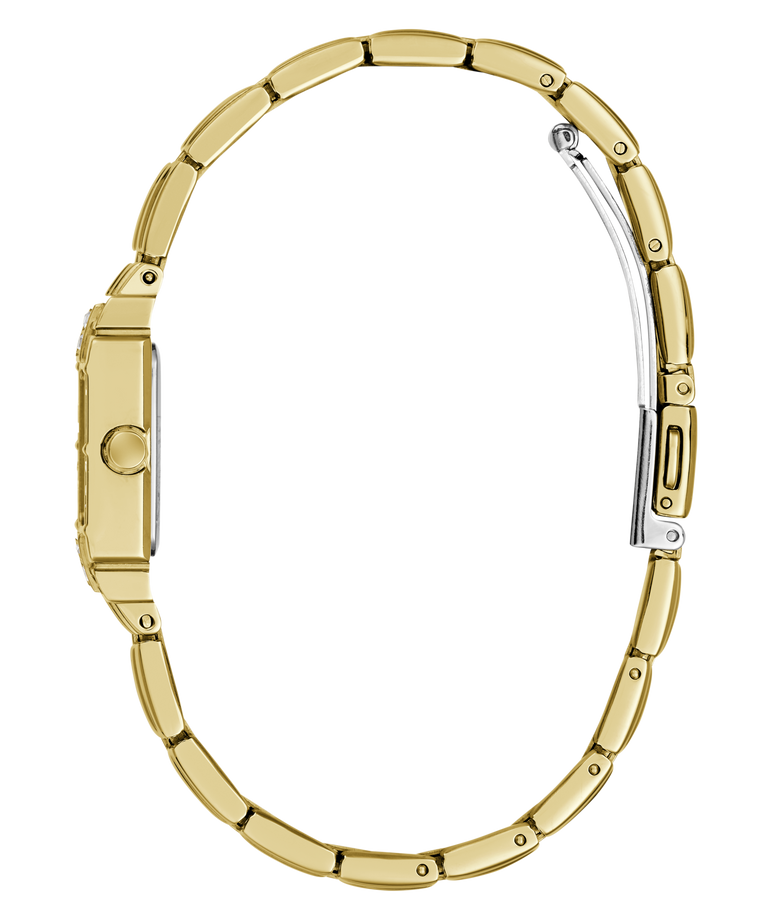 A gold-tone metal link bracelet watch shown from the side profile against a solid white background.