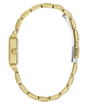 A gold-tone metal link bracelet watch shown from the side profile against a solid white background.