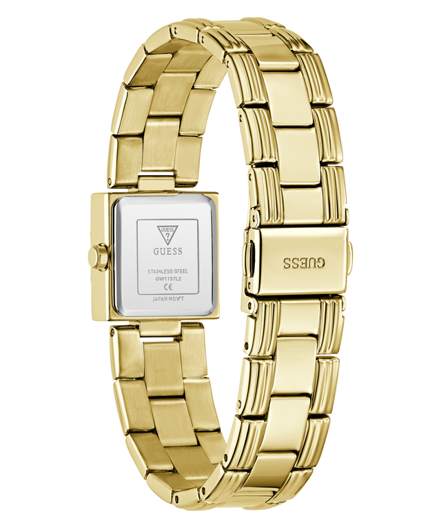 Gold-tone stainless steel women's watch with a square case and integrated link bracelet, shown from the back on a white background.