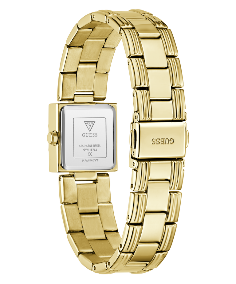 Gold-tone stainless steel women's watch with a square case and integrated link bracelet, shown from the back on a white background.